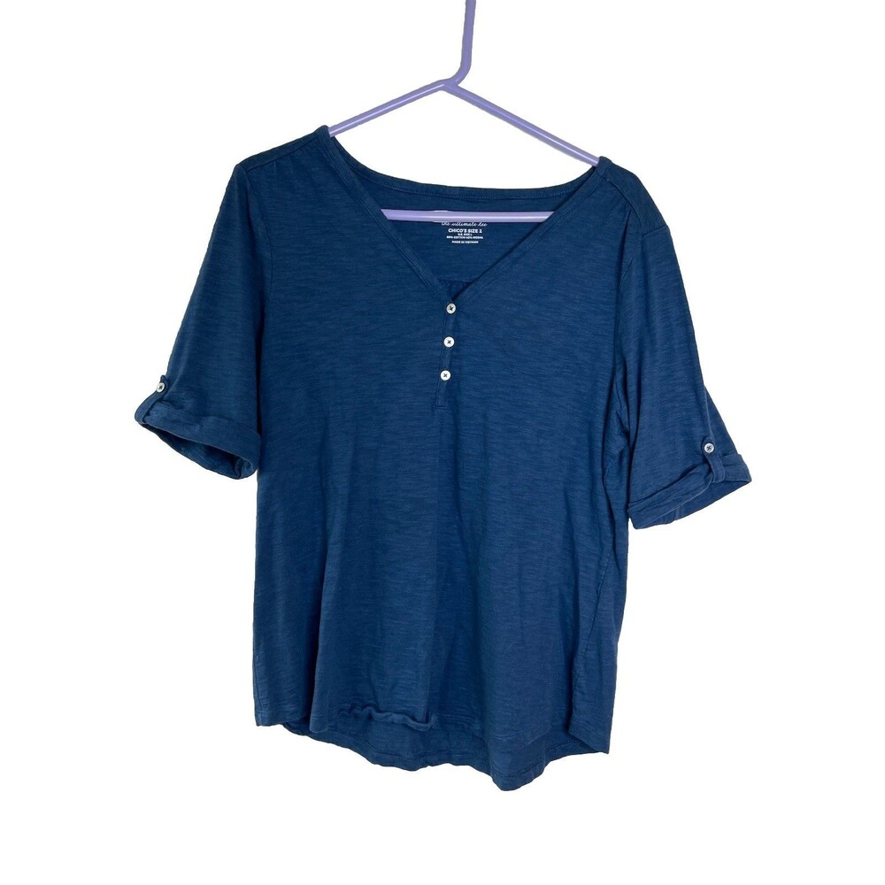 Chicos Accent Buttons Dark River Blue Top Blouse sz 2 / L (15